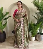 Green gold crush saree with leheriya embroidery & running blouse