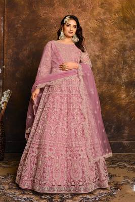 Pink zari embroidery and diamond net anarkali churidar- free size stitched(size upto 42") 1