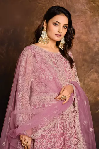 Pink zari embroidery and diamond net anarkali churidar- free size stitched(size upto 42")