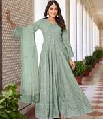 Dusty green embroidery and diamond georgette anarkali churidar- free size stitched(size upto 42")