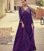 Purple embroidery chinon silk gown - free size stitched(size upto 42")