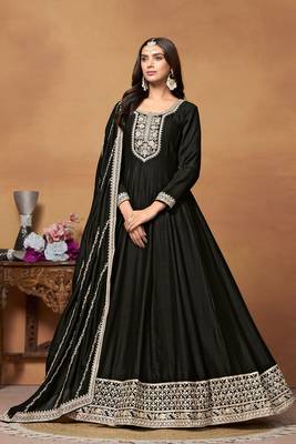 Black embroidery and sequins art silk anarkali churidar - free size stitched(size upto 42") 1