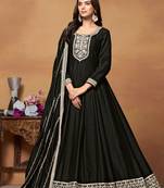 Black embroidery and sequins art silk anarkali churidar - free size stitched(size upto 42")