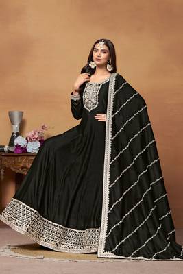 Black embroidery and sequins art silk anarkali churidar - free size stitched(size upto 42") 2