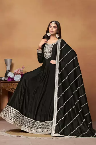 Black embroidery and sequins art silk anarkali churidar - free size stitched(size upto 42")