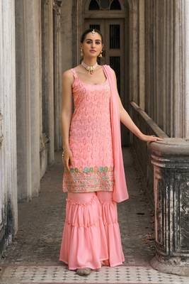 Pink embroidery and sequins georgette straight sharara - free size stitched(size upto 42") 1