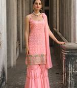 Pink embroidery and sequins georgette straight sharara - free size stitched(size upto 42")