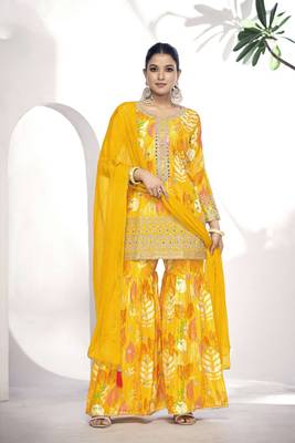 Mustard mirror embroidery and digital print chinon silk straight sharara - free size stitched(size upto 42") 1