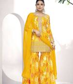 Mustard mirror embroidery and digital print chinon silk straight sharara - free size stitched(size upto 42")