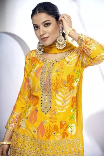 Mustard mirror embroidery and digital print chinon silk straight sharara - free size stitched(size upto 42")