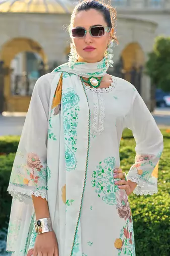 White embroidery and digital print cotton straight pant - free size stitched(size upto 42")