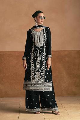 Black embroidery and sequins chinon silk straight palazzo - free size stitched(size upto 42") 1