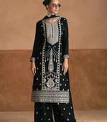 Black embroidery and sequins chinon silk straight palazzo - free size stitched(size upto 42")