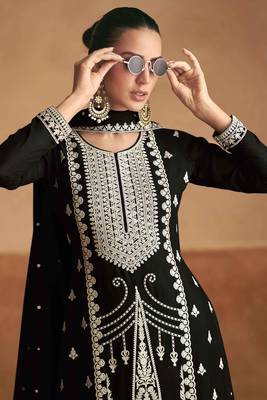 Black embroidery and sequins chinon silk straight palazzo - free size stitched(size upto 42") 2