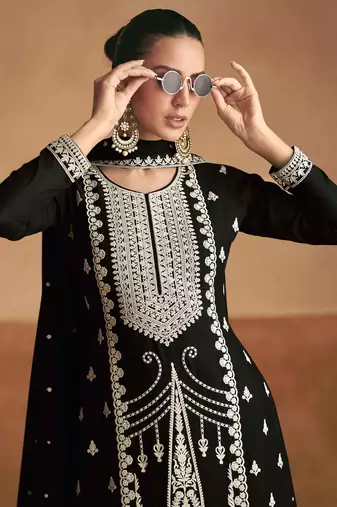 Black embroidery and sequins chinon silk straight palazzo - free size stitched(size upto 42")