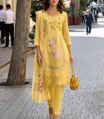 Yellow embroidery and digital print cotton straight pant - free size stitched(size upto 42")