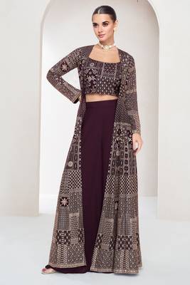 Purple embroidery and sequins georgette blouse, palazzo and jacket - free size stitched(size upto 42") 1