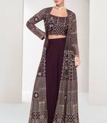 Purple embroidery and sequins georgette blouse, palazzo and jacket - free size stitched(size upto 42")