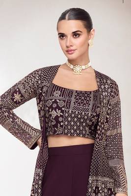 Purple embroidery and sequins georgette blouse, palazzo and jacket - free size stitched(size upto 42") 2