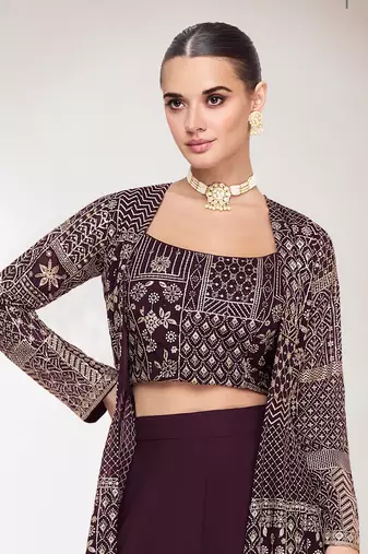 Purple embroidery and sequins georgette blouse, palazzo and jacket - free size stitched(size upto 42")