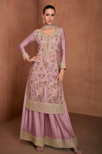 Light mauve embroidery and sequins chinon straight palazzo  - free size stitched(size upto 42")