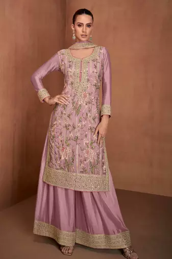 Light mauve embroidery and sequins chinon straight palazzo  - free size stitched(size upto 42")