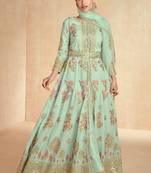 Green embroidery and sequins silk anarkali pant - free size stitched(size upto 42")