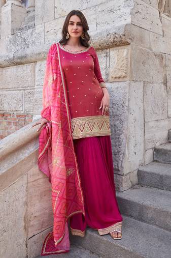 Pink embroidery and sequins simmer straight palazzo - free size stitched(size upto 42")