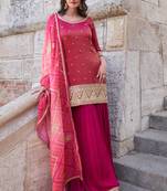 Pink embroidery and sequins simmer straight palazzo - free size stitched(size upto 42")