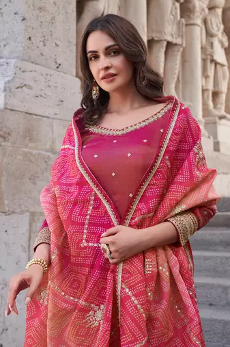 Pink embroidery and sequins simmer straight palazzo - free size stitched(size upto 42")