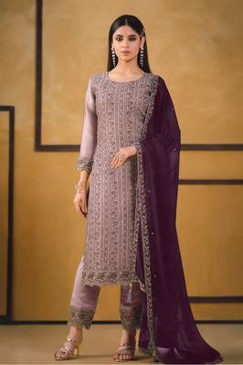 Purple zari embroidery and diamond silk straight pant - free size stitched(size upto 42") 1