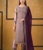Purple zari embroidery and diamond silk straight pant - free size stitched(size upto 42")