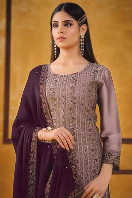 Purple zari embroidery and diamond silk straight pant - free size stitched(size upto 42") 2