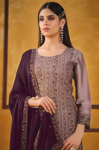 Purple zari embroidery and diamond silk straight pant - free size stitched(size upto 42")