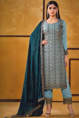 Teal blue zari embroidery and diamond silk straight pant - free size stitched(size upto 42") 1