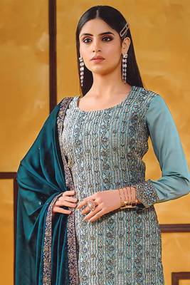Teal blue zari embroidery and diamond silk straight pant - free size stitched(size upto 42") 2