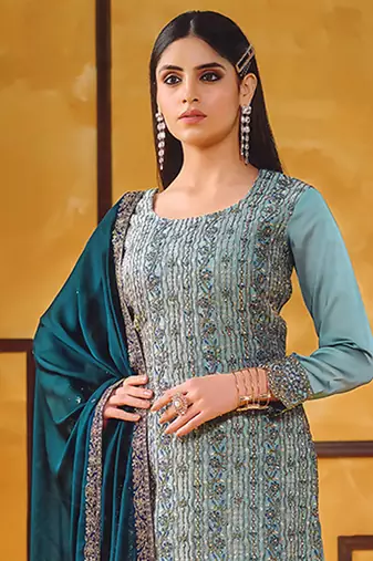 Teal blue zari embroidery and diamond silk straight pant - free size stitched(size upto 42")