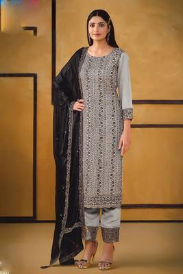 Grey zari embroidery and diamond silk straight pant - free size stitched(size upto 42") 1