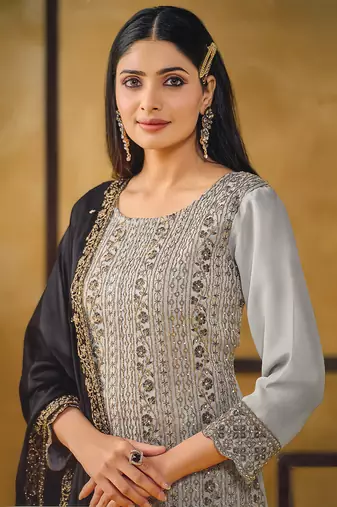 Grey zari embroidery and diamond silk straight pant - free size stitched(size upto 42")