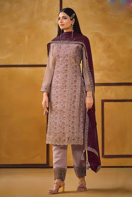 Mauve zari embroidery and diamond silk straight pant - free size stitched(size upto 42") 1