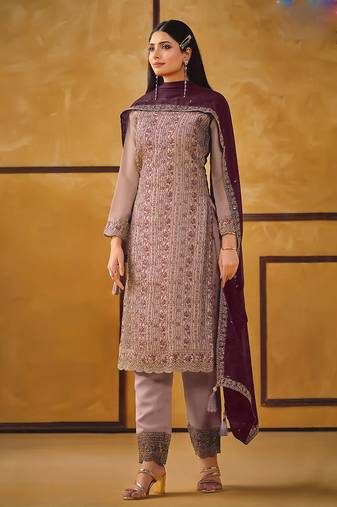 Mauve zari embroidery and diamond silk straight pant - free size stitched(size upto 42")