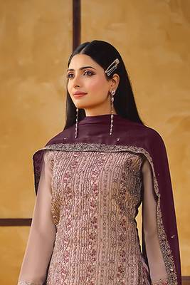Mauve zari embroidery and diamond silk straight pant - free size stitched(size upto 42") 2