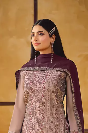 Mauve zari embroidery and diamond silk straight pant - free size stitched(size upto 42")