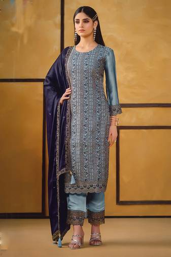 Blue zari embroidery and diamond silk straight pant - free size stitched(size upto 42")