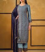 Blue zari embroidery and diamond silk straight pant - free size stitched(size upto 42")