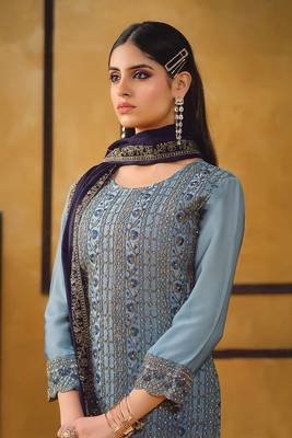 Blue zari embroidery and diamond silk straight pant - free size stitched(size upto 42") 2