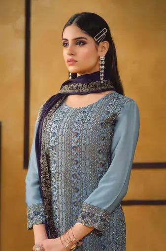 Blue zari embroidery and diamond silk straight pant - free size stitched(size upto 42")