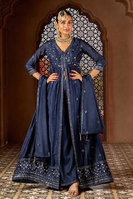 Blue embroidery and sequins chinon anarkali palazzo - free size stitched(size upto 42") 1