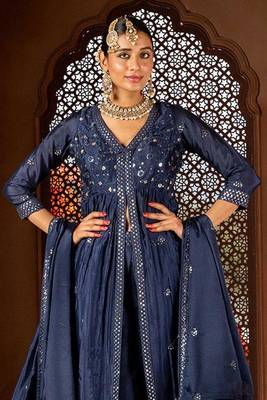 Blue embroidery and sequins chinon anarkali palazzo - free size stitched(size upto 42") 2