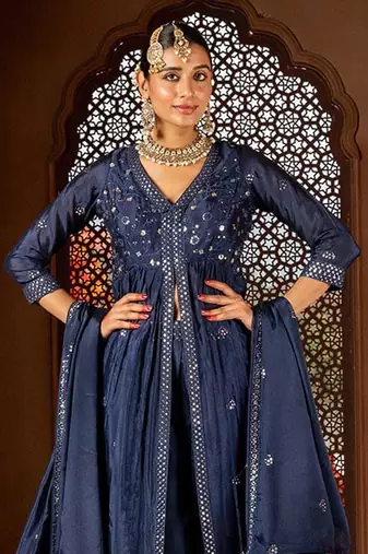 Blue embroidery and sequins chinon anarkali palazzo - free size stitched(size upto 42")